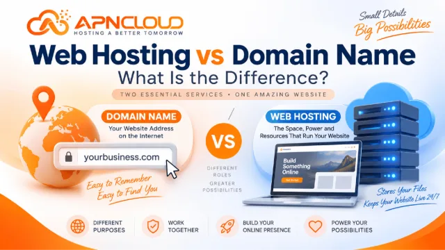 Web Hosting vs Domain Name comparison showing a domain address, web hosting servers, and APN Cloud branding.