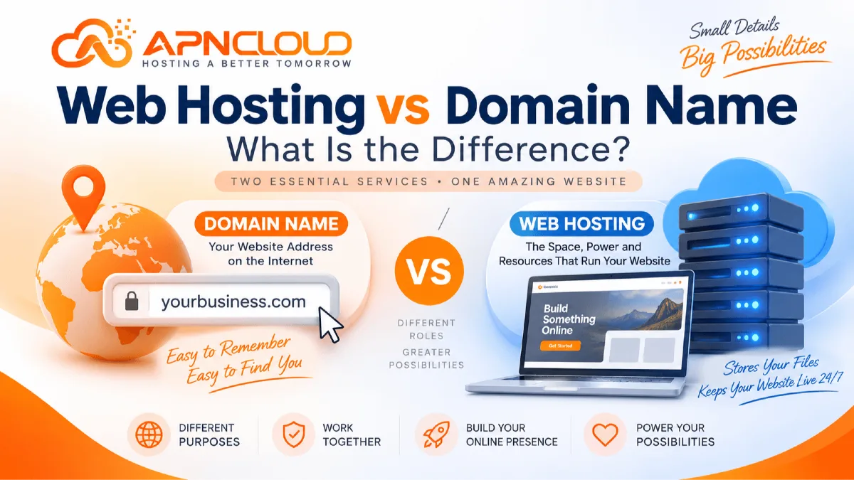 Web Hosting vs Domain Name comparison showing a domain address, web hosting servers, and APN Cloud branding.