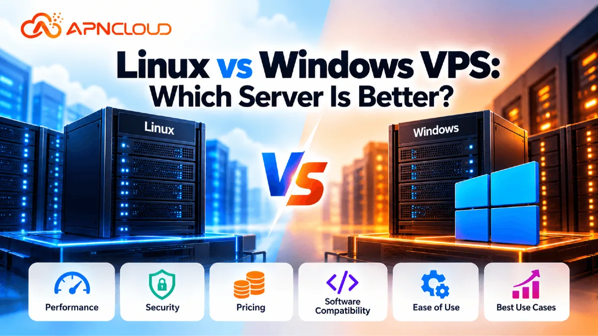 Linux vs Windows VPS comparison featuring APNCloud server hosting, performance, security, pricing, software compatibility, and VPS features.