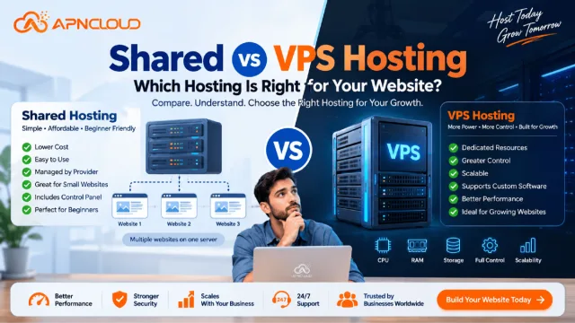 Shared vs VPS Hosting comparison for choosing the right web hosting plan for your website with APN Cloud