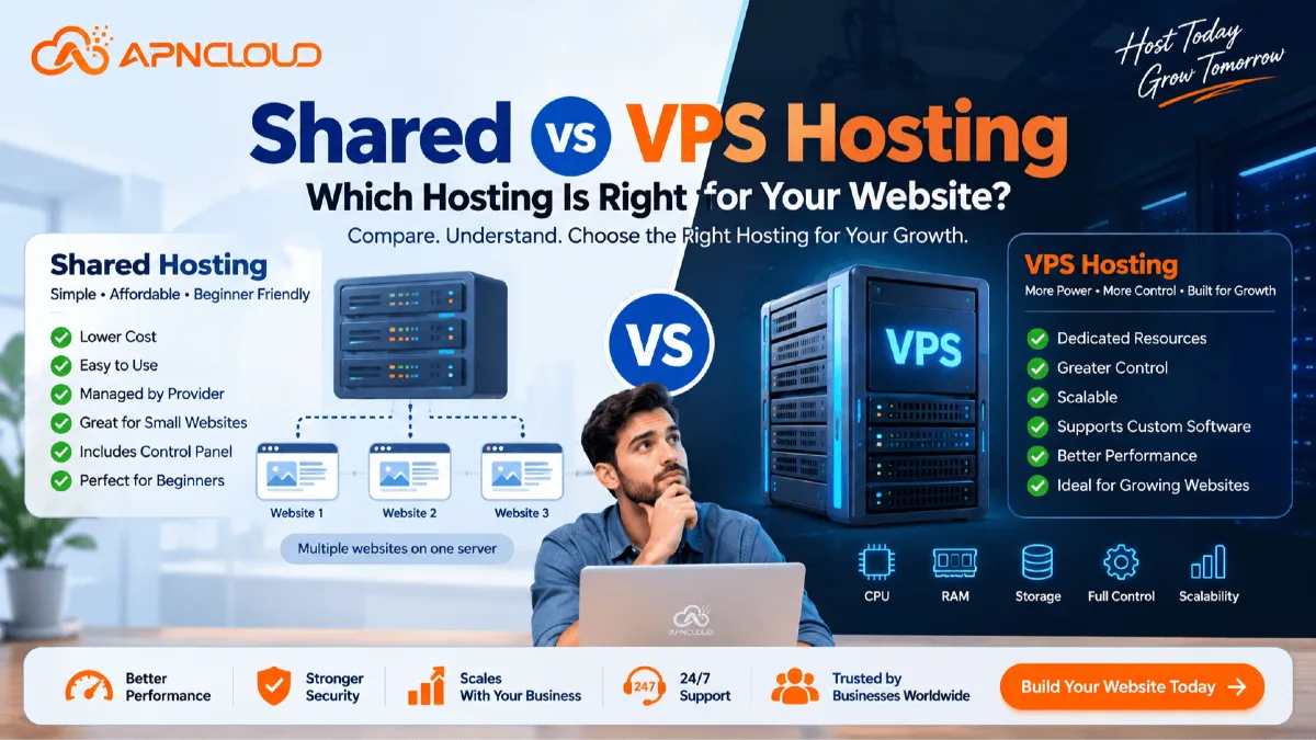 Shared vs VPS Hosting comparison for choosing the right web hosting plan for your website with APN Cloud